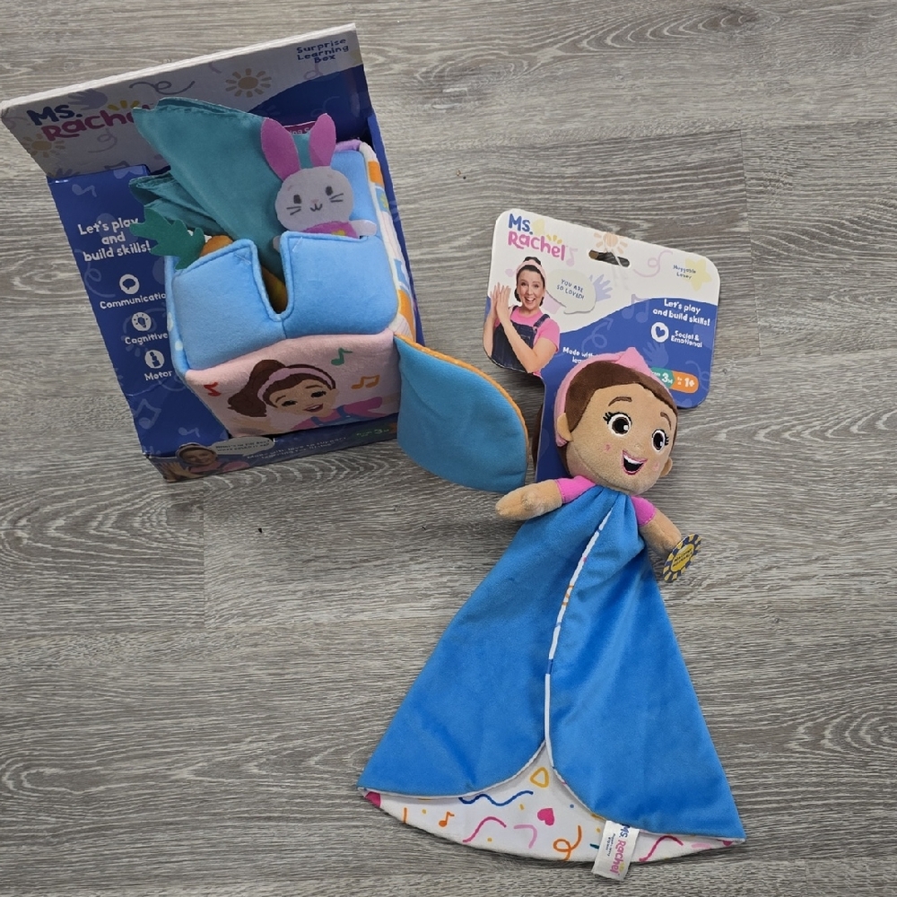 Ms. Rachel 2 Pc Toys Lot  Plush Lovey Blanket Doll & Surprise Learning Box